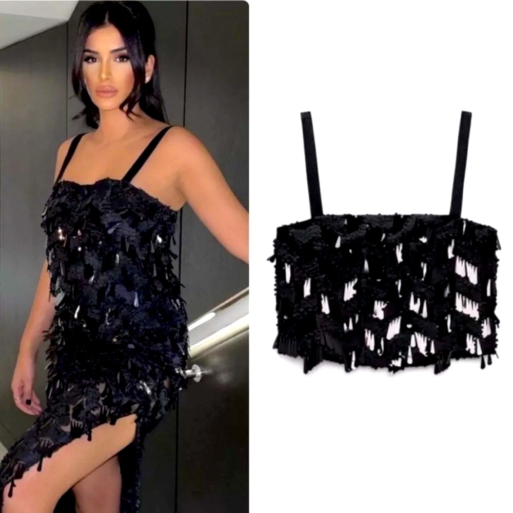 ZARA SEQUIN CROPPED CAMISOLE TOP BLACK SIZE S NEW